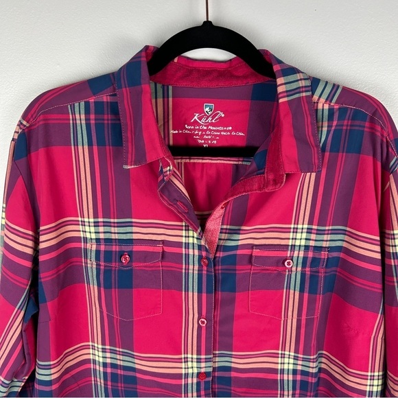 Kuhl Casual Plaid Western Nylon Long Roll Tab Sleeve Button Down Shirt XL Pink - Picture 4 of 16